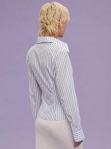 COUREZ Dopasowana koszula w paski z długim rękawem i zamkiem błyskawicznym, letnie bluzki / Letnie stylizacje dla kobiet / Uliczny casual / Czas wolny, festiwal muzyczny, bawełna vintage Y2K - Niebieski i biały - Zobacz 3