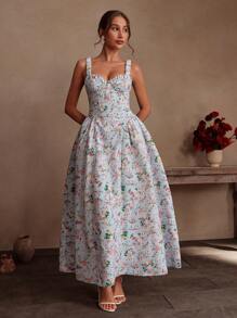 SHEIN Unity Váy maxi chữ A họa tiết hoa nhỏ màu xanh nhạt, thắt eo, có gọng, thanh lịch, lãng mạn, thích hợp cho lễ hội, ngày lễ, tiệc gợi cảm, trang phục năm mới, khách dự tiệc cưới, váy tiên nữ - Nhiều màu - Xem 8