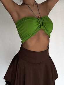 DAZY Top sin mangas con busto fruncido y cuello de halter, top ajustado para mujer, atuendo de verano y crucero Y2K - Verde - Ver 2