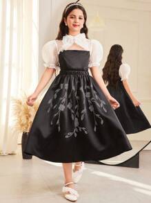 SHEIN Tween Girls Gorgeous Puff Sleeve 2 Pieces Princess Dress Set, Suitable For Graduation Ceremony, Birthday Party - Black - View 5