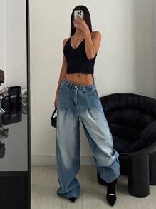 EURMUSE 100% Cotton HIGH WAIST WIDE LEG VINTAGE  JEAN Low Rise Jeans - Light Wash - View 4