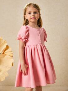 SHEIN Young Girls Elegant Pink Bow Decor Loose Dress For Spring/Summer - Pink - View 6