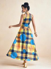 SHAQUITA GARCIA Gelbes und blaues Preppy Karomuster Kleid mit ausgeschnittener Schulter, gerafft, A-Linie Silhouette für den Sommerurlaub