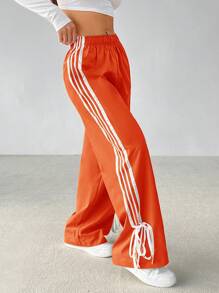 SHEIN PETITE Casual Contrast Striped Drawstring Straight Leg Pants