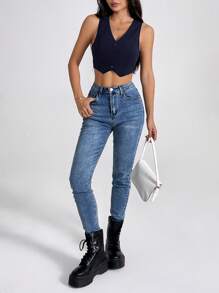 SHEIN PETITE Women's Navy Blue Sleeveless Knitted V-Neck Casual Crop Blazer Vest With Button Front And Asymmetrical Hem In Fall/Winter - Navy Blue - View 5