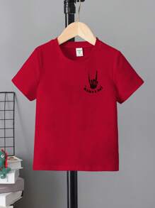 年轻男孩休闲红色圆领短袖 T 恤，印有“有问题打电话给我妈妈”格子图案 - 紅色 - 查看 2