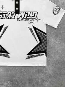 SHEIN Teen Boy Casual Minimalist Letter Graphic Loose Drop Shoulder POLO Shirt, Suitable For Summer