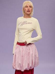 COUREZ Figurbetontes langärmliges Grafik-T-Shirt Sommeroutfit für Frauen/Lässig/Y2K/Lässig Musikfestival Vintage - Gelb - Übersicht 2