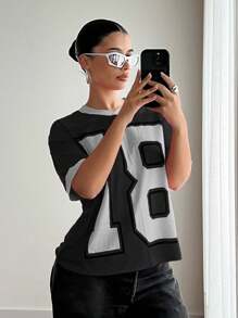 EgrlEra Women's Street Style Magenta Color Letter Print T-Shirt - Black - View 4