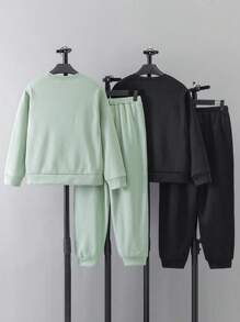 SHEIN Leap Crew 4pcs/Set Tween Boys' Casual Graphic Letter Patched Crew Neck Sweatshirt And Drawstring Pants Knit Outfits, Assorted Colors - Green - View 2