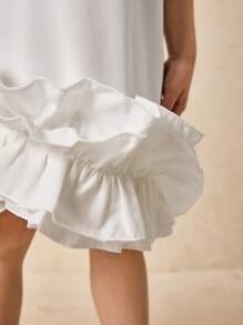 SHEIN Young Girls' & Elegant Sleeveless Dress With Ruffle Hem Decor, White, Spring/Summer - White - View 6