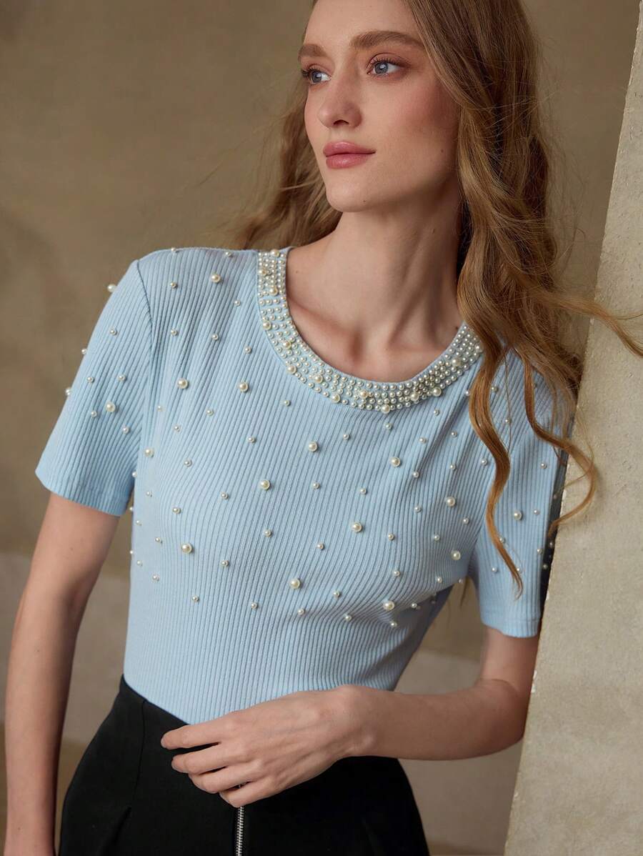 MOTF PREMIUM CAMISETA DE MANGA CORTA CON DETALLES DE PERLAS FALSAS - Azul - Ver 1