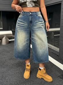 SHEIN ICON Women Plus Size High Waist Loose Pocket Capri Wide Leg Casual Jeans