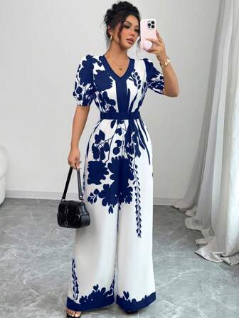 Rafferiza 女士优雅宽松腰数码印花连身裤