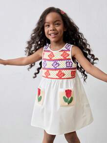 Maija Kids Maija Kids Vestido casual de ganchillo suelto con parches con estampado floral para niñas jóvenes - Blanco - Ver 1