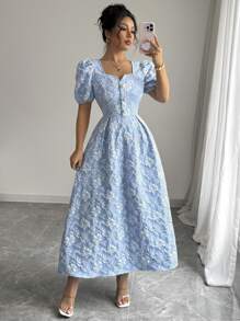 Elenzga 女士春夏方领优雅花卉几何提花收腰 A 字形长裙配金属纽扣装饰 - 藍色 - 查看 6