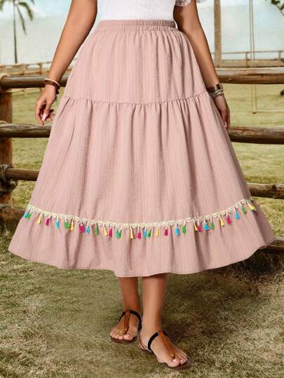 EMERY ROSE 大码度假休闲流苏装饰半身裙度假、音乐会、乡村音乐会、西部风女装夏季波西米亚风