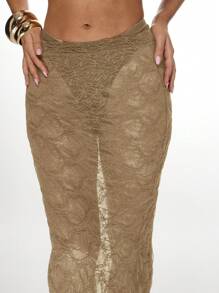 MISSGUIDED 海滩罩起来马克西裙子蕾丝美人鱼风格长地板长度泳装罩起来度假村穿泳池派对度假海滩装 - 卡其色 - 查看 4