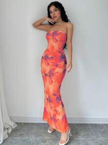 Elenzga Elegant Floral Printed Backless Mermaid Strapless Dress For Summer Maxi Women Outfit - Coral Orange - View 2