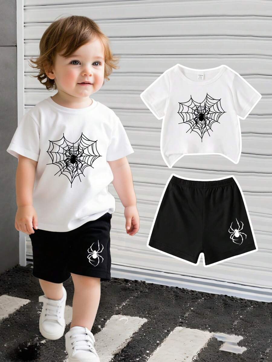 Baby Boy Fashion Minimalist Spider Print Short Sleeve T-Shirt And Shorts Set For Outdoor Summer - Black and White - View 1