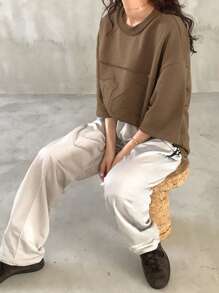 FRIFUL 女士宽松字母拼接圆领落肩休闲T恤超大码T恤 - 駝色 - 查看 2