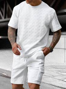 Manfinity Homme Ensemble t-shirt à col ras-du-cou unicolore à manches courtes et short cargo taille avec cordon pour homme
