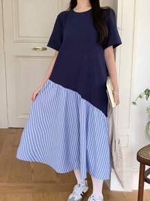 SHEIN 宽松休闲圆领短袖 A 字形下摆拼接连衣裙，适合少女，适合返校、约会、派对、度假 - 藍白色 - 查看 5