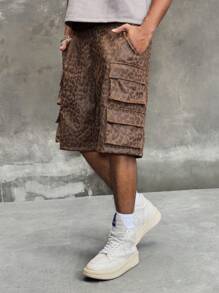 ROMWE MEN Street Life Men's Leopard Pattern Multi-Pocket Casual PU Shorts - Brown - View 11