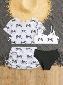 Tween Girl 2 件套蝴蝶印花比基尼套装带罩衫裙（印花款式随机） - 黑與白 - 查看 5