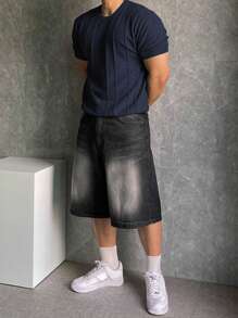 DAZY Men's Solid Navy Blue Textured Ribbed Knit Sweater, Summer - Navy Blue - View 3