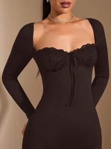 SHEIN BAE 女士纯黑色性感简约方领长袖蕾丝杯文胸，优雅长裙，适合春/秋/冬季，适合情人节、派对、浪漫约会、伴娘、正式舞会、工作、黑色连衣裙 - 咖啡棕 - 查看 4