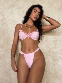 SHEIN Swim 夏季性感可爱荷叶边花朵 3D 聚拢带钢圈比基尼套装 - 淺粉色 - 查看 3