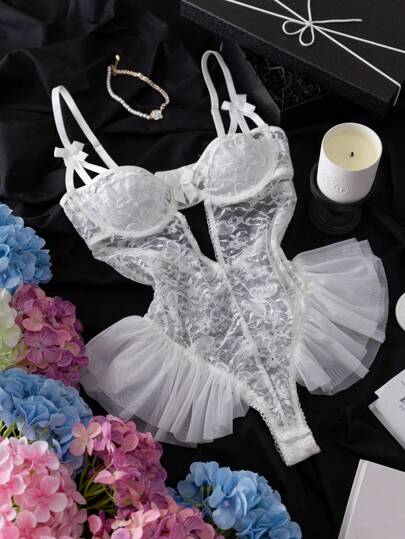 SHEIN Crystal Vow Body in pizzo e rete con rifiniture a volant e ferretto, sexy e trasparente, lingerie da sposa per uscire, adatto per donne