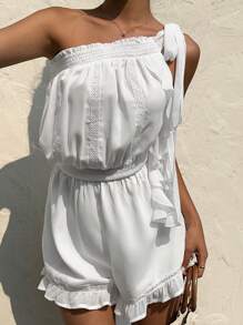 SHEIN EZwear Women's Vacation Leisure Solid Color Lace Trim Ruffle Hem Romper - White - View 5