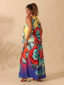 SHEIN Clasi Flowers Birds Women Plus Size Floral Print Halter Cami + Pants 2pcs Set, Vacation - Multicolor - View 2