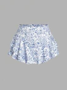 SHEIN EZwear Bộ 2 quần short in họa tiết xanh trắng cho nữ, mùa hè - Xanh và trắng - Xem 4