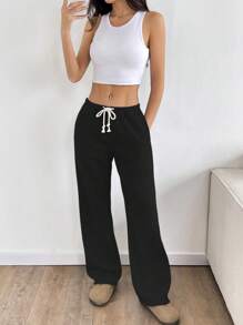 Flirla Petite 灰色低腰抽绳系带斜口袋直筒阔腿运动裤，时尚简约休闲日常百搭，适合娇小女性，春/秋 - 黑色 - 查看 6