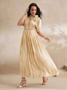 Anewsta 春季优雅褶皱 3D 花卉扎染天丝连衣裙，女士节日/婚礼宾客礼服 - 黃色 - 查看 3