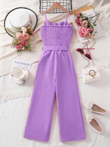 Elladie kids 女童黑色荷叶边细肩带上衣，搭配蝴蝶结腰带中腰裤 - 紫色 - 查看 2