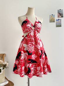 SHEIN WYWH Đầm mini không tay viền bèo nhún thắt nơ hở eo họa tiết da báo và cây cọ dành cho nữ, đi nghỉ, trà chiều, bãi biển, bên bờ biển - Nhiều màu - Xem 3