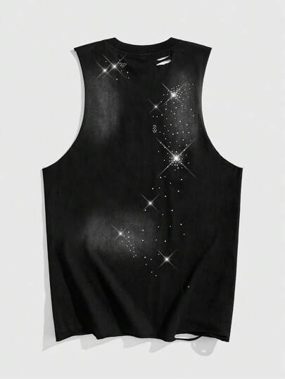 Grunge Punk Men's Grunge Rhinestone Embellished Round Neck Washed Casual Tank Top