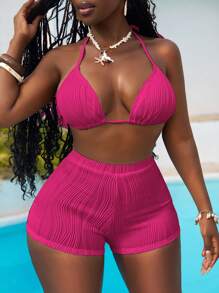 Slaydiva Bộ bikini 2 món: Áo ngực tam giác buộc dây và quần short, Đồ bơi đi biển thời trang mùa hè - Màu Hồng Tươi - Xem 4