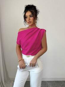 Elenzga Women's Minimalist Solid Color Ruched Asymmetrical Shoulder Blouse, Summer - Hot Pink - View 7