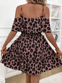 SHEIN Clasi Women's Leopard Print Cold Shoulder Ruffled Hem Shoulder Strap Casual Dress For Autumn Travel - Pink - View 2