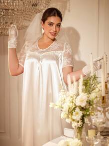 SHEIN Plus Size Lace Patchwork Faux Silk Loose Long Nightgown - White - View 6