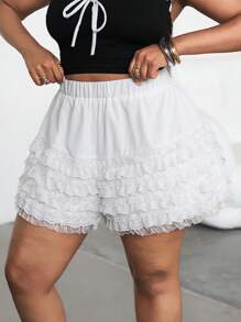 SHEIN EZwear 加大码白色花卉蕾丝边休闲修身短裤，蕾丝拼布短裤优雅短裤，白色，四季皆宜，蓝色，适合派对、节日、约会、情人节、下午茶、夏季/春季/音乐会女士/狂欢/狂欢节/乡村音乐会/纳什维尔/伊比沙岛 - 白色 - 查看 7