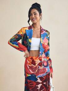 SHAQUITA GARCIA Blazer corto con stampa a frutta, maniche lunghe, bottoni, stile business casual, adatto per primavera/estate, da ufficio