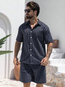 DAZY Blue And White Striped Men's Shirt Set, Summer - Blue and White - View 5