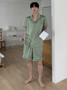DAZY Conjunto de pijama de verano para hombres con estampado de letras en verde