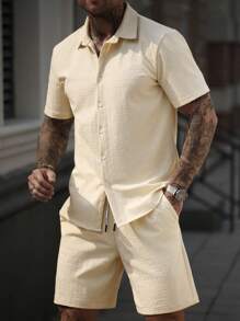 Manfinity Homme Men 2 Pieces Set: Short Sleeve Button Down Shirt With Shorts - Beige - View 1